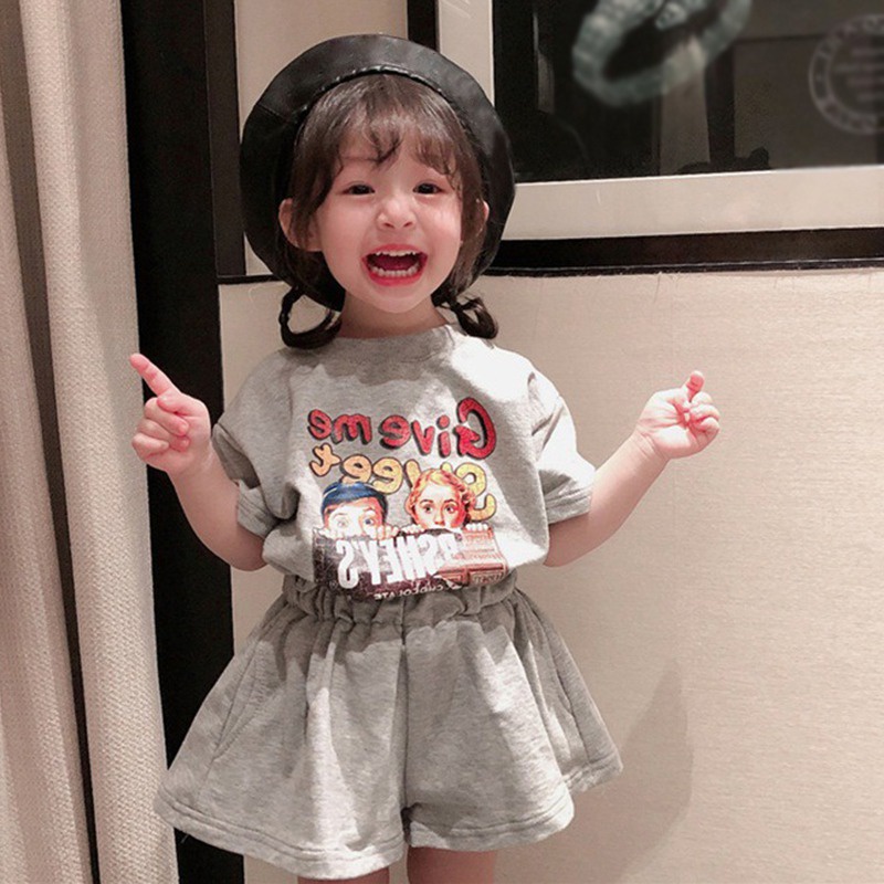 Bộ Đồ Áo Thun Tay Ngắn In Chữ Hoạt Hình + Quần Short Thời Trang Mùa Hè Dành Cho Bé Gái Se7en