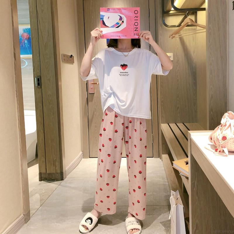 Bộ Đồ Ngủ Tay Ngắn Vải Lụa Sữa In Họa Tiết Hoạt Hình Dễ Thương Thời Trang Mùa Hè Dành Cho Bạn Nữ Mặc Tại Nhà
