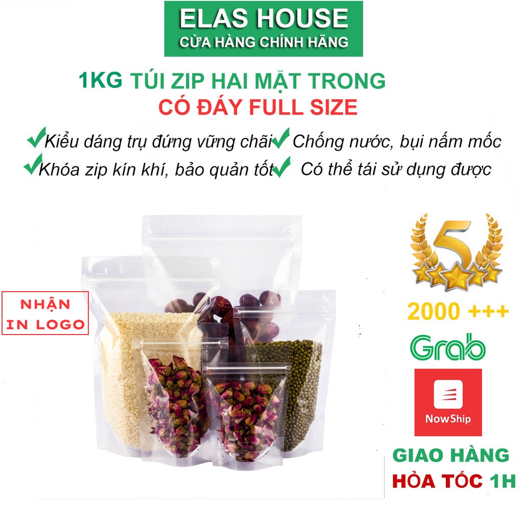 Túi zip trong suốt Elas House 1kg túi zip đáy đứng 2 mặt trong đựng thực phẩm đồ khô