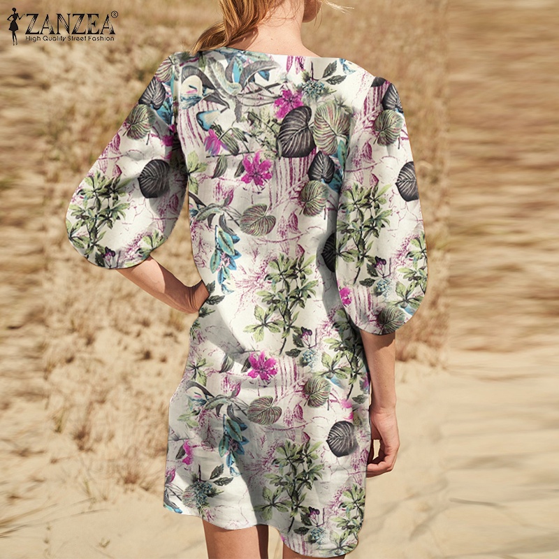 Đầm ZANZEA cotton tay lỡ 3/4 cổ vuông in họa tiết hoa phong cách Châu Âu thời trang dành cho nữ