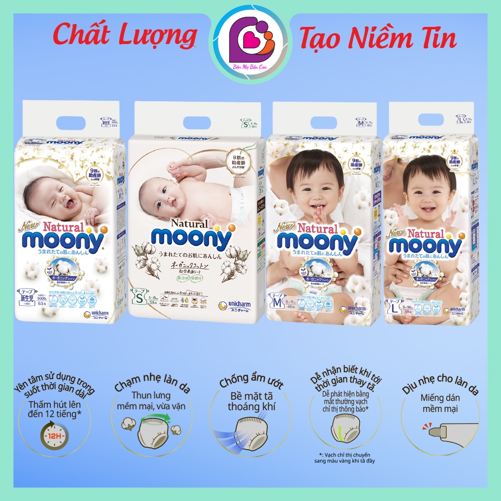 Bỉm Moony Natural/ bỉm dán Moony Natural đủ size NB63/S58/L38