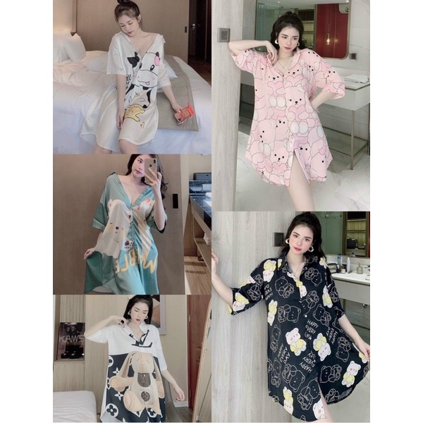 Đầm ngủ lụa kiểu sơ mi mặc nhà latin mango cao cấp size dưới 65kg