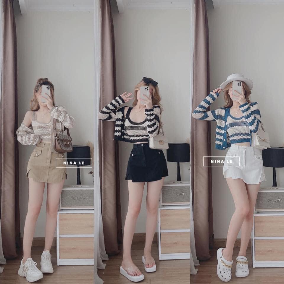 Set 2 áo lưới cadigan kèm áo 2 dây họa tiết sóng kẻ cho nữ