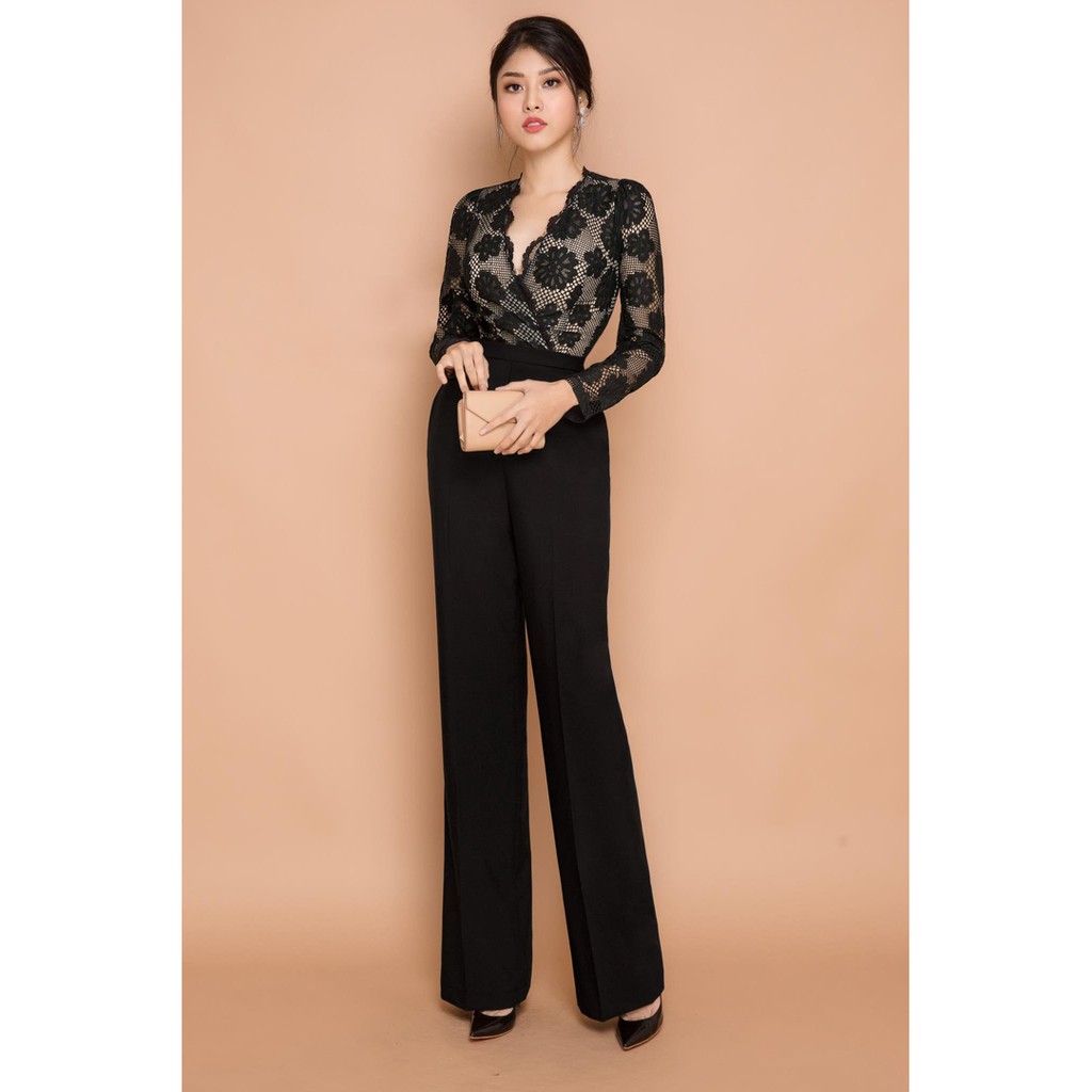 Jumpsuit nữ hàng thiết kế tay dài ren quần ống suông cao cấp J947