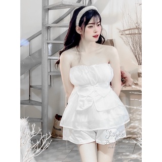 Set áo cúp ngực cột nơ phối quần short tafta