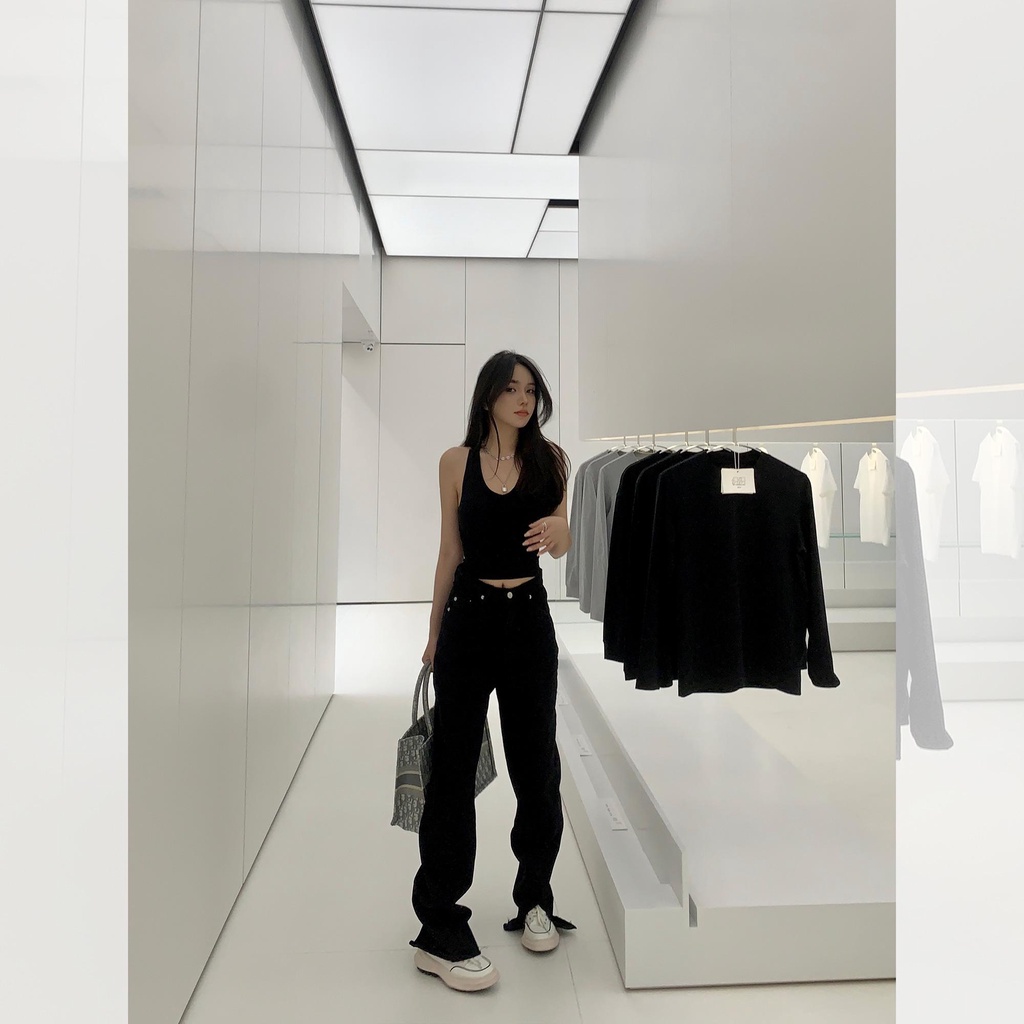 ✆Quần Dài Ống Rộng Màu Đen Phong Cách Retro Cho Nữ