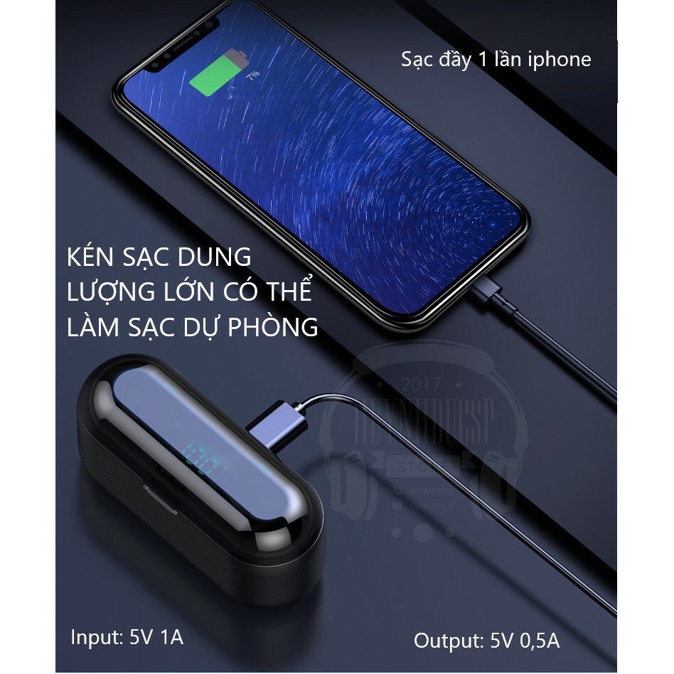 Tai nghe Bluetooth AMOI F9 TWS 5.0  không dây cảm ứng chống nước , chống ồn tích hợp sạc dự phòng 2500mAh,Bản Quốc Tế