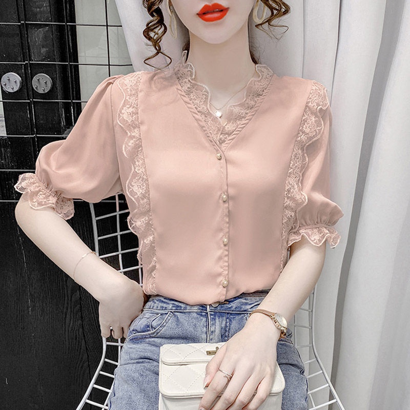 📣✔️Áo váy👗Áo Chiffon nữ tay ngắn cổ chữ v phối ren🔥Phóng to🔥Áo tank top nữ phối ren