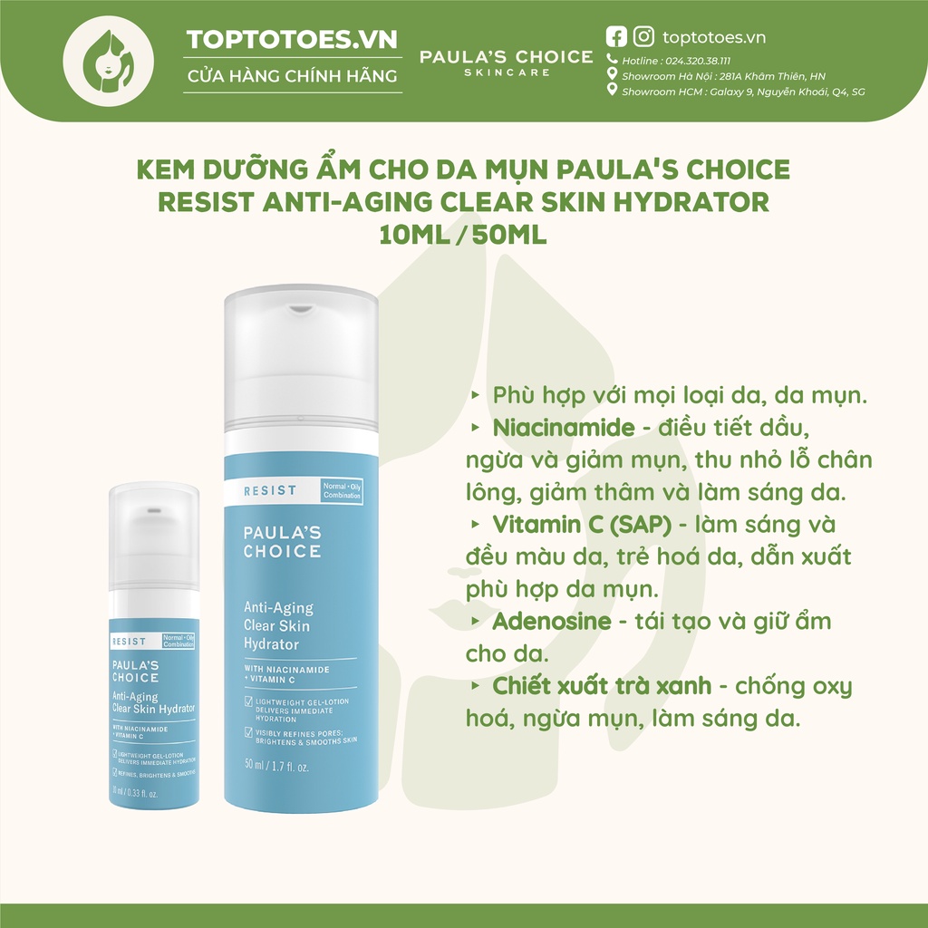 Kem dưỡng ẩm mỏng nhẹ cho da mụn Paula's Choice Resist Anti-Aging Clear Skin Hydrator 10ml/ 50ml