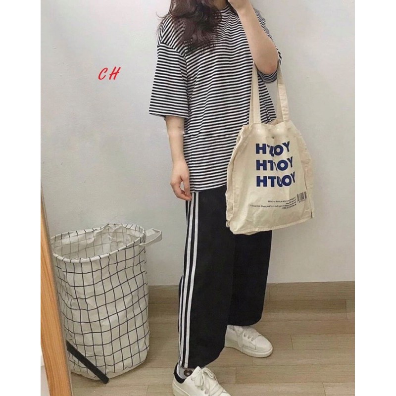 Set áo kẻ ngang + quần ống rộng 3 sọc tay lỡ dáng rộng