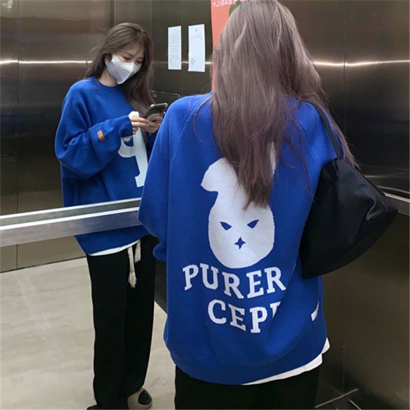 Áo Khoác Sweater Klein Dáng Rộng Lót Lông Cừu Màu Xanh Dương Phong Cách Thu Đông Mới Cho Nữ
