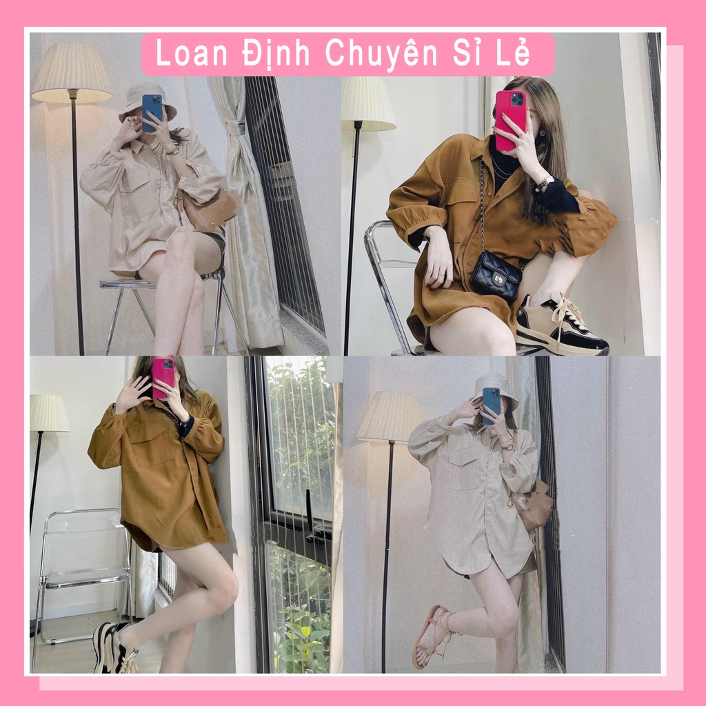 Áo sơ mi vạt bầu đuôi tôm chất thô mềm 2 màu nâu sữa áo sơ mi nữ form rộng unisex LD098