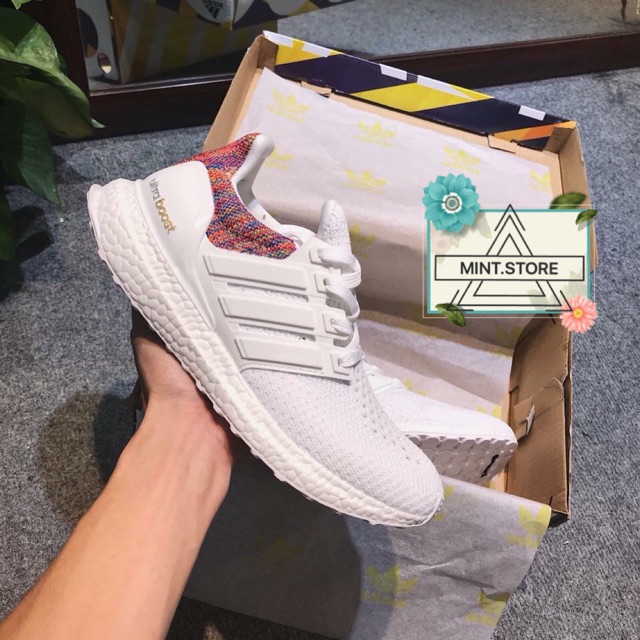 ( Video cận cảnh ) Giày Sneaker Ultra Boost Trắng Rainbow