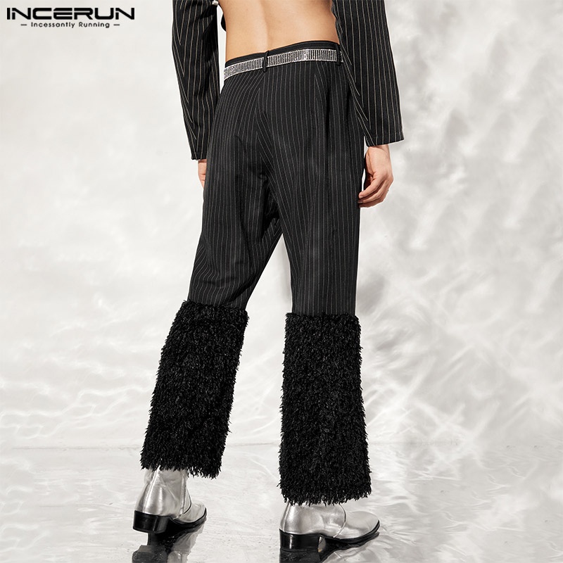 Quần dài INCERUN dáng rộng phối lông vũ phối họa tiết kẻ sọc thời trang cổ điển