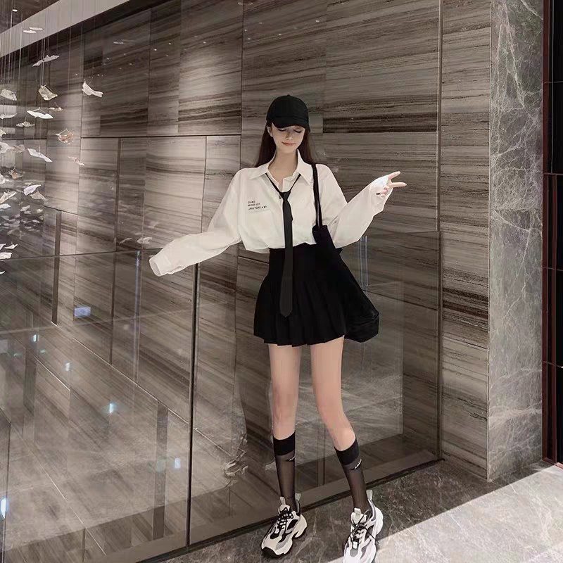 Set Áo sơ mi Cavat kèm Chân váy xếp ly khóa kéo hot - hàng mới