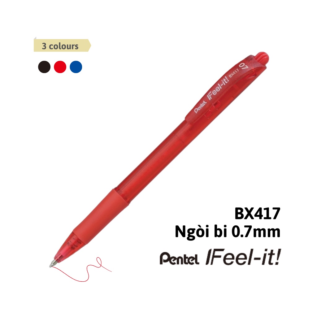 Bút Bi Pentel IFeel - It BX417 | Trơn Mượt Không Đọng Mực | Ngòi 0.7mm 3 Màu Xanh/Đỏ/Đen | Nét Viết Êm Mịn Không Tắc Mực