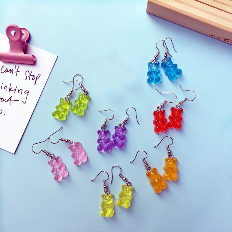 Cute Cartoon Animal Bear Earrings Resin Colorful Candy Color for Women Cute Bear Earrings