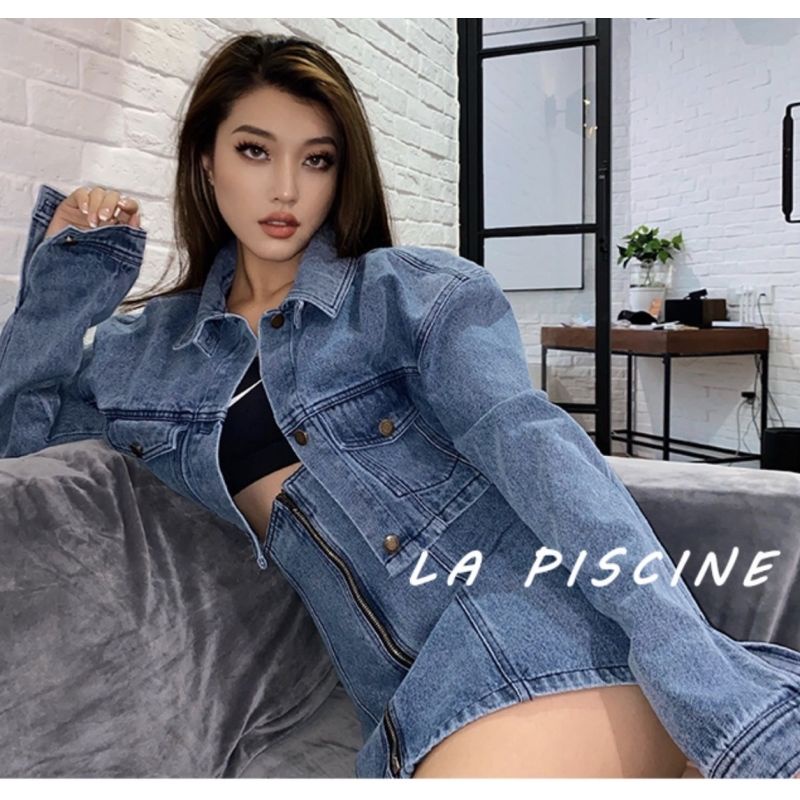 Set áo khoác jean kèm chân váy lưng cao có khóa kéo 12 ngày