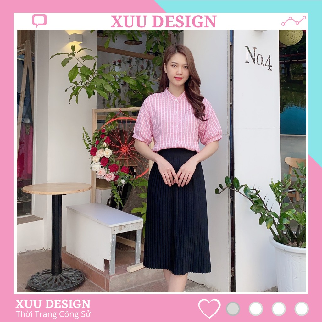 Áo sơ mi nữ kiểu Xuu DesignÁo kiểu nữ cổ tàu tay ngắn chất liệu Chiffon cao cấp -Hàng thiết kế TK20.89