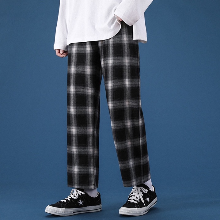 Quần Kẻ Caro Nam Nữ Ống Rộng Màu Đen Unisex Siêu Hot