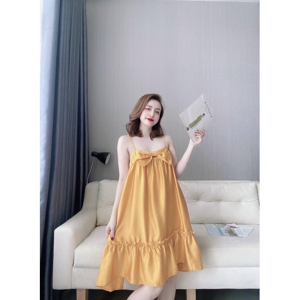 Đầm ngủ 2 dây nơ ngực tiểu thư chất lụa satin