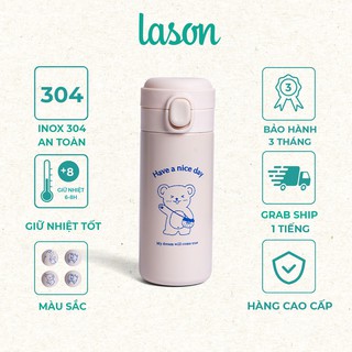 Bình nước giữ nhiệt họa tiết gấu nắp bấm Lason, đựng trà nóng, lạnh