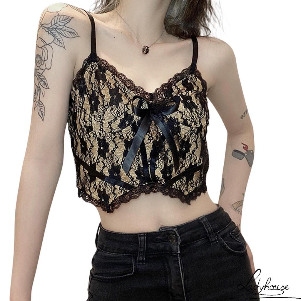 Áo croptop hai dây cổ chữ V phối ren hoa và nơ gợi cảm cho nữ