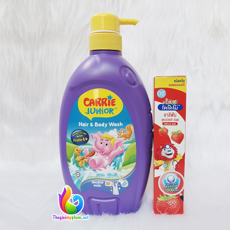 Combo Sữa Tắm Gội Toàn Thân Carrie Junior Hương Milk 700g + Kem Đánh Răng Em Bé Kodomo 40g