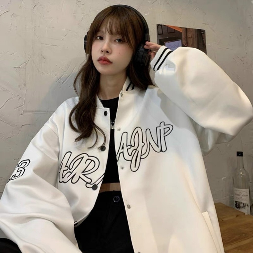 Áo Khoác Bomber Nữ Phong Cách Ulzzang Form Rộng Unisex Hai Màu Đen Trắng Che Gió Mùa Đông Ấm Áp_NN36AR