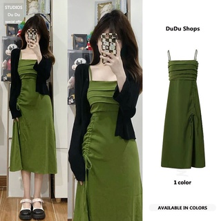Set đầm hai dây xếp ly + áo khoác cardigan màu đen thời trang mùa hè phong cách hàn quốc cho nữ