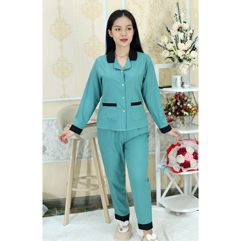 Bộ quần áo Pijama nữ XANH NGỌC ĐẬM VIỀN ĐEN Dài Tay Quần Dài vải phi lụa mờ - Quý Phái Thanh Lịch - Mặc là thích ngay !