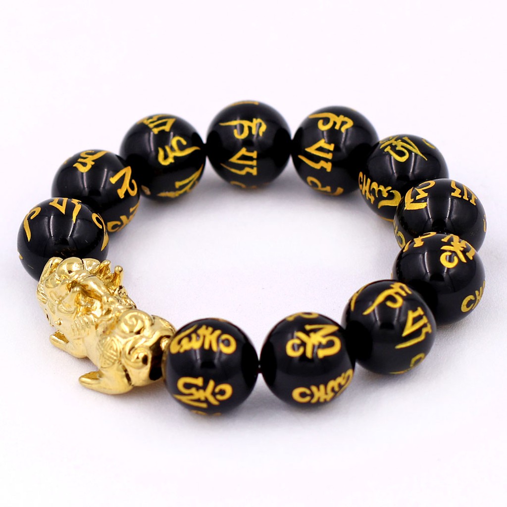 Vòng tay chuỗi hạt phong thủy đen chữ Phật màu vàng 16 ly tỳ hưu inox vàng VTAEPVTHV16
