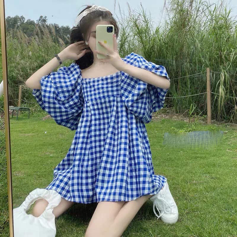 Đầm babydoll trễ vai kẻ xanh tay bồng tiểu thư dáng suông ulzzang/ Váy nữ dáng xòe mặc 2 kiểu dễ thương_xuongmaythuhien