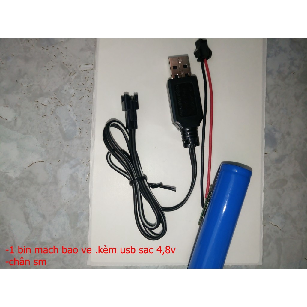 Bin 18650 có mạch bảo vệ chân sm kèm cáp sạc usb 4,8v