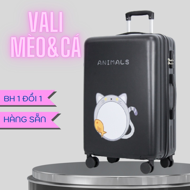 Vali Kéo Du Lịch Chú Mèo Tròn Chơi Đùa Cùng Chiếc Cá Đồ Chơi Nhiều Màu