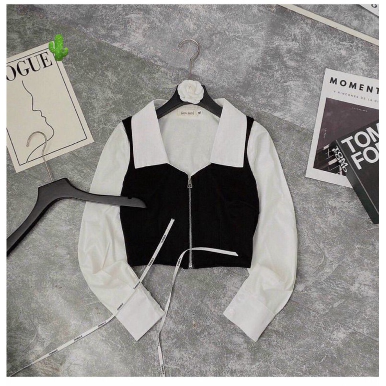 Áo sơ mi phối  trắng đen zip kéo siêu đẹp (B.C)