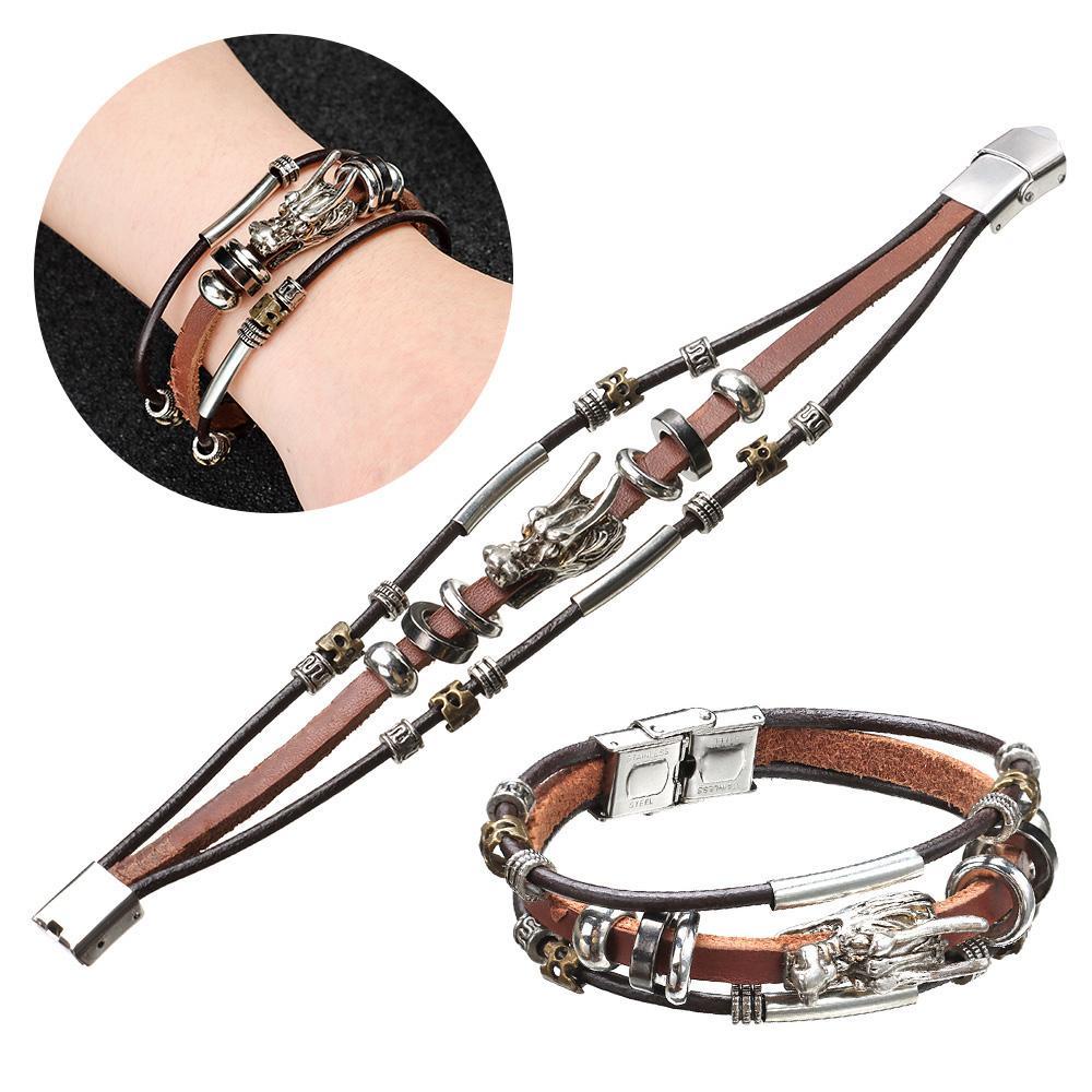 ME Vòng Tay Da Hình Rồng Bạc Tây Tạng Cho Nam