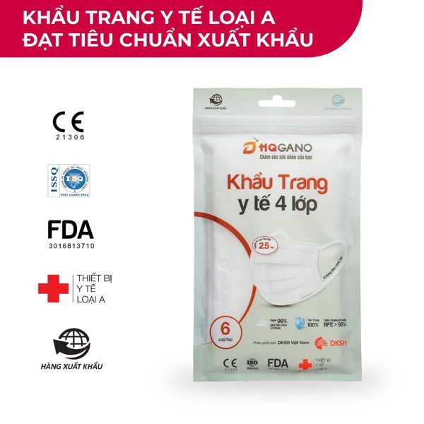 Khẩu Trang Y Tế  4 Lớp Màu Trắng HQGANO ( Túi 6 cái)