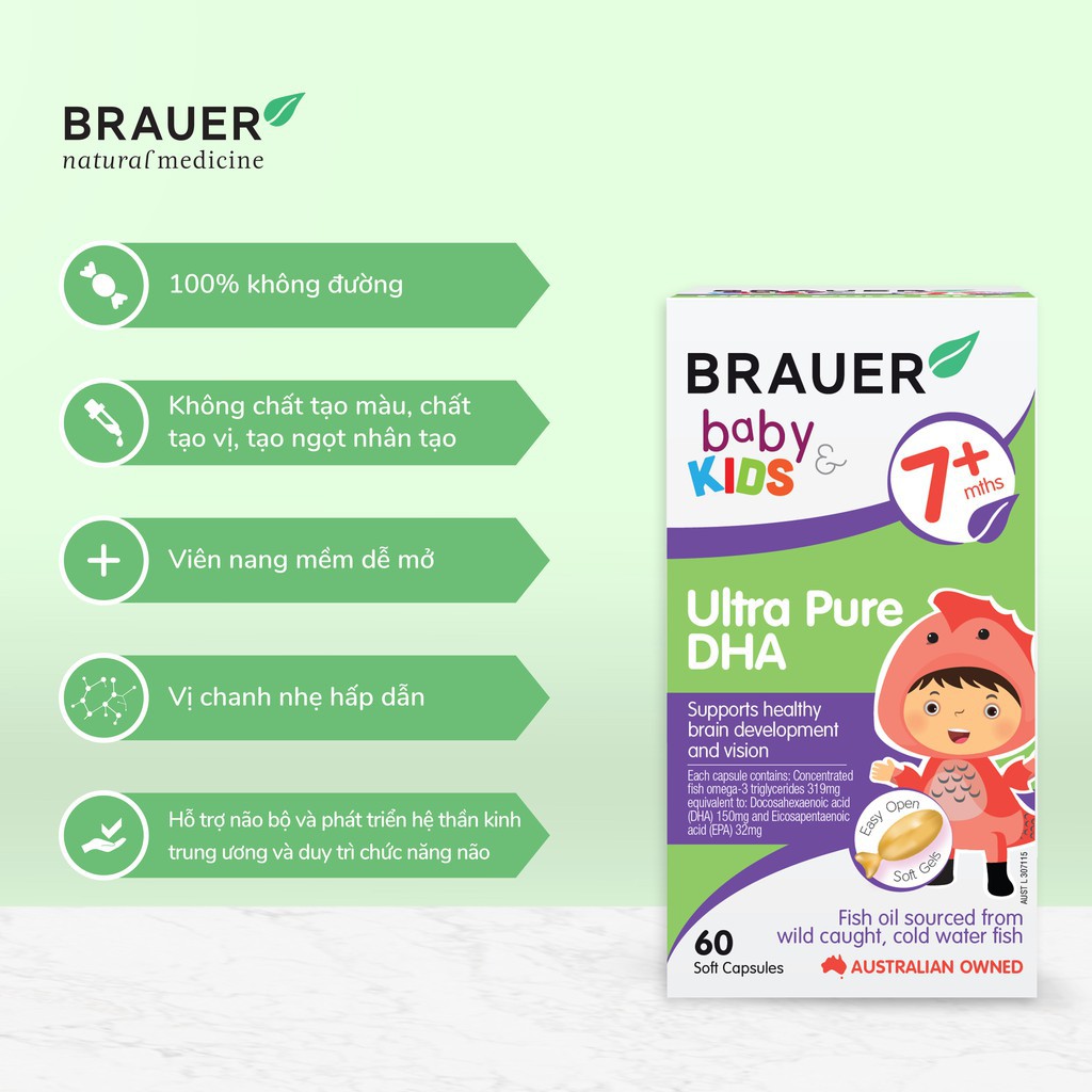 Brauer Bổ sung DHA tinh khiết cho trẻ từ 7 tháng trở lên (60 viên nang) Date 9/2023