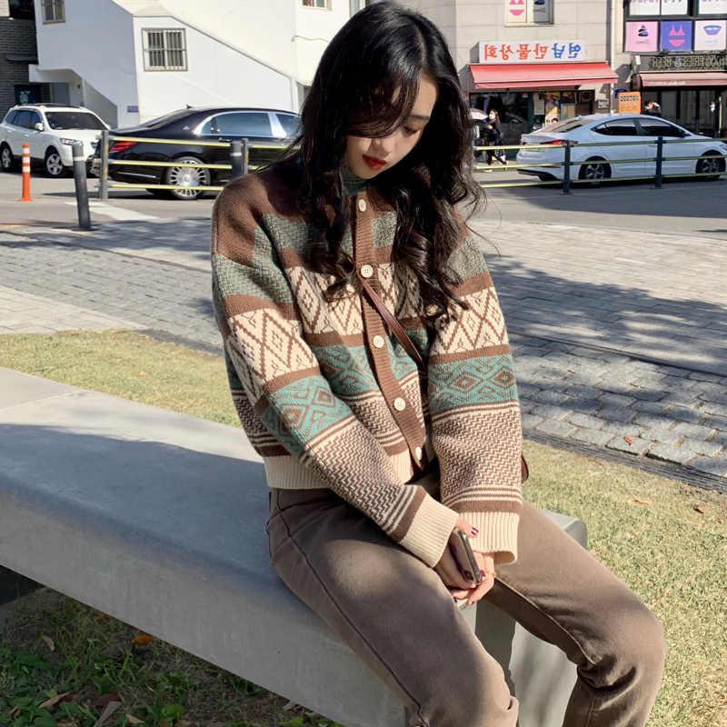 Áo khoác cardigan dệt kim tay dài màu sắc retro phong cách Hàn Quốc cho nữ