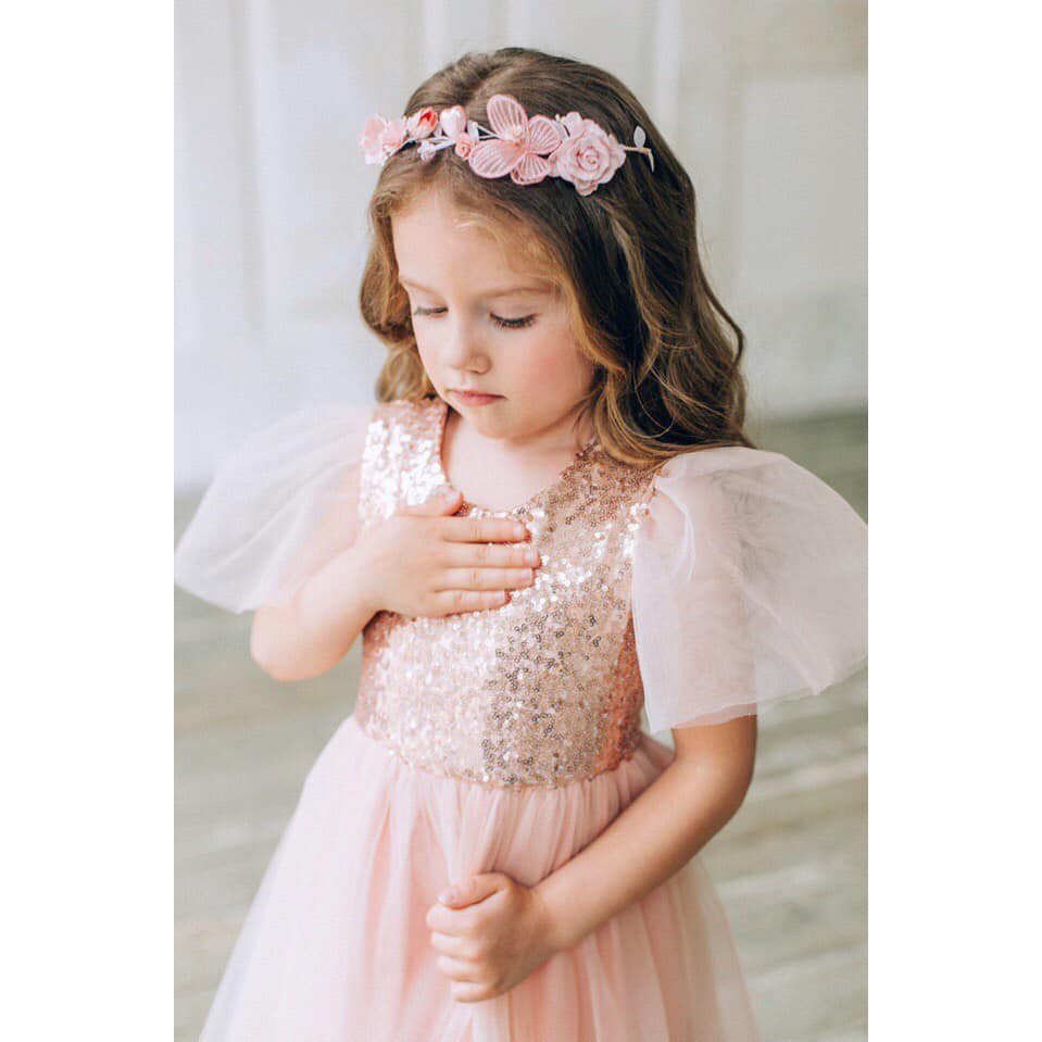 Đầm công chúa đính kim sa hồng pastel cho bé gái