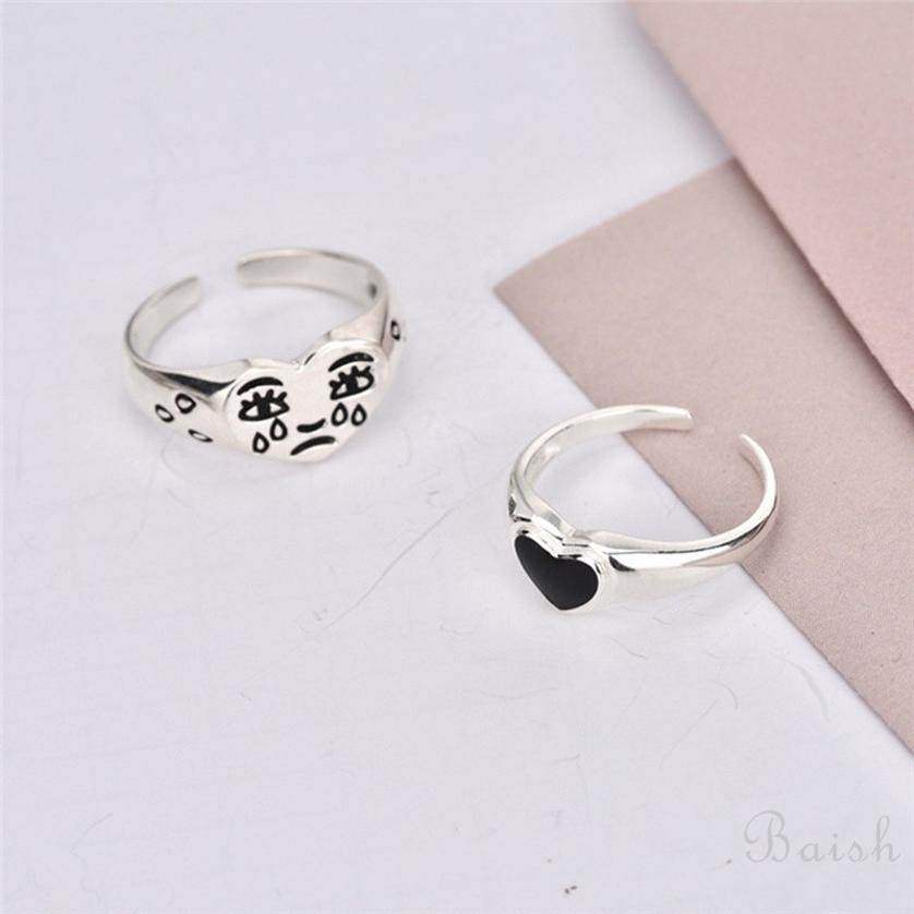 [Baish] Mới tình yêu đen màu đơn giản thời trang nhẫn nữ phụ kiện mở nước mắt biểu cảm cổ điển ngón trỏ đeo nhẫn tay trang sức