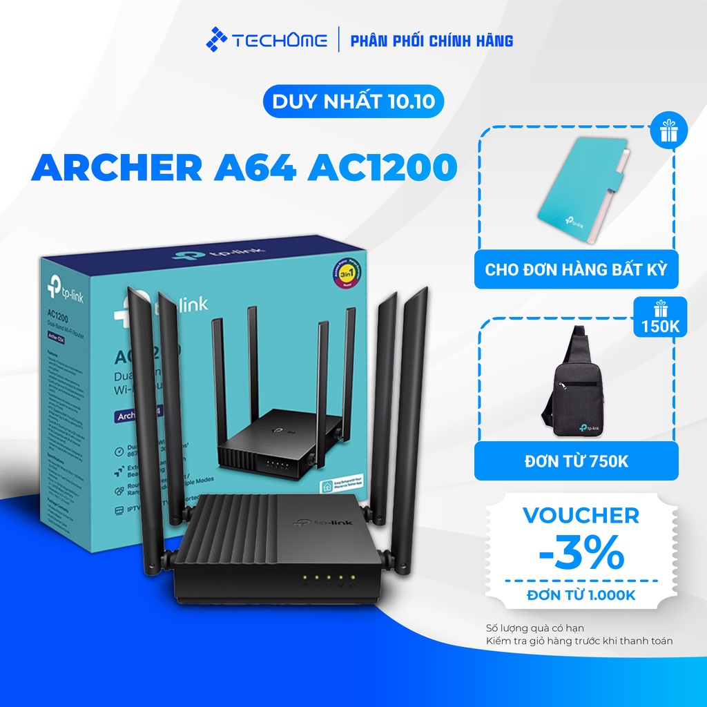 Bộ phát wifi Router Wi-Fi TP-LINK TP-Link Archer A64 MU-MIMO AC1200 Wireless băng tần kép