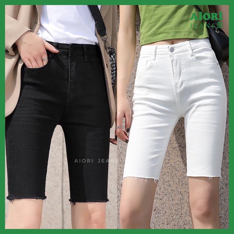 Quần Jean Nữ AIORI Ngó Lửng Cạp Cao Trơn Trắng Đen Vải Co Giãn Tốt Jeans Cotton Mềm Mịn, Thời Trang Hàn Quốc
