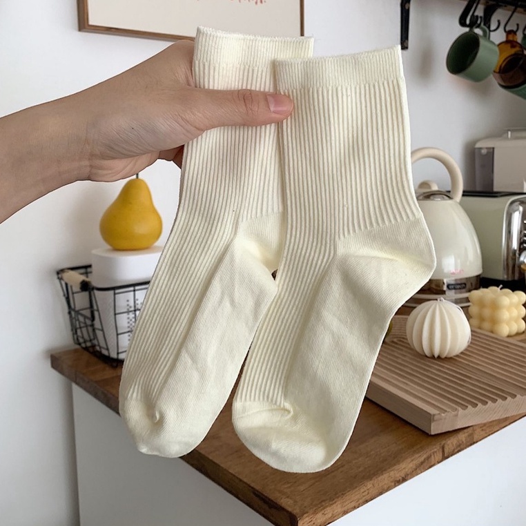 Vớ cotton Màu Trắng Sữa Trơn Cổ Cao Vừa Phong Cách Nhật Bản Thời Trang Mùa Đông Cho Nữ