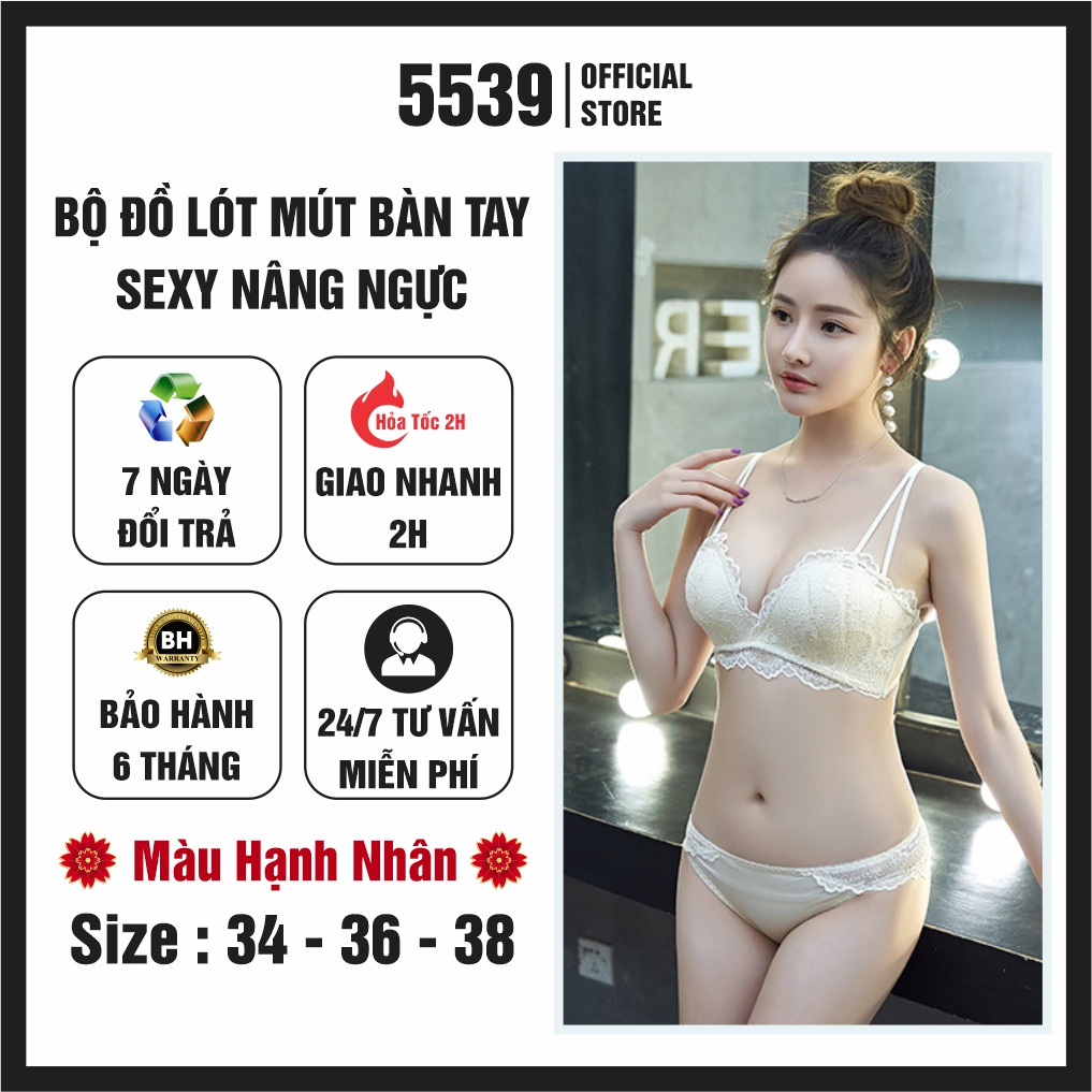 Bộ đồ lót nữ ren, set đồ lót nữ sexy nâng ngực mút bàn tay, mút dày, không gọng, cup ngang, bản to cài 3 - Shop 5539