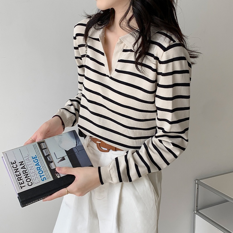 Áo polo Dệt Kim Tay Dài Kẻ Sọc Phong Cách Mới 45635 Cho Nữ
