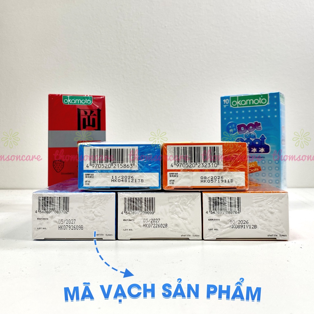 Bao cao su Okamoto siêu mỏng - Đủ loại hương dâu, cam, vani, nhiều gel bôi trơn, ấm nóng - Che tên khi giao - hộp 10c