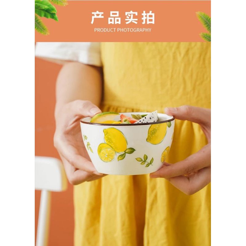 Bát ăn cơm, chén ăn cơm sứ hình trụ họa tiết hoa quả trái cây kèm thìa sứ - bát decor phong cách Hàn Quốc