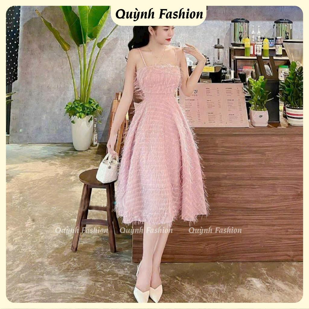 Đầm Lông Vũ Hai Dây Có Mút QUỲNH FASHION Chất Liệu Lông Vũ Cao Cấp Nữ Tính Có 3 Màu Lựa chọn